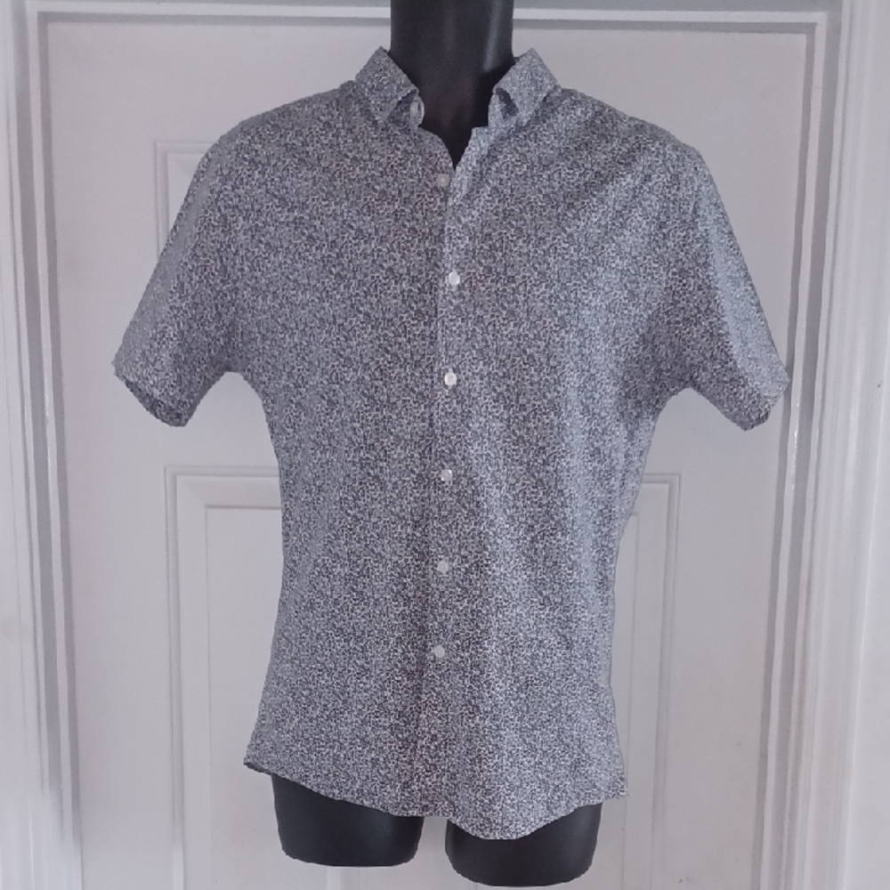 Topman Blue and White Leaf Print Casual Slim-Fit Shirt, L